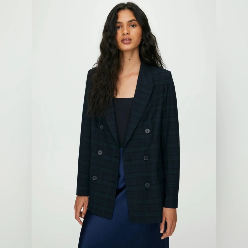 Aritzia Babaton Samuel Double Breasted Navy Everest Green Plaid Blazer Size 6